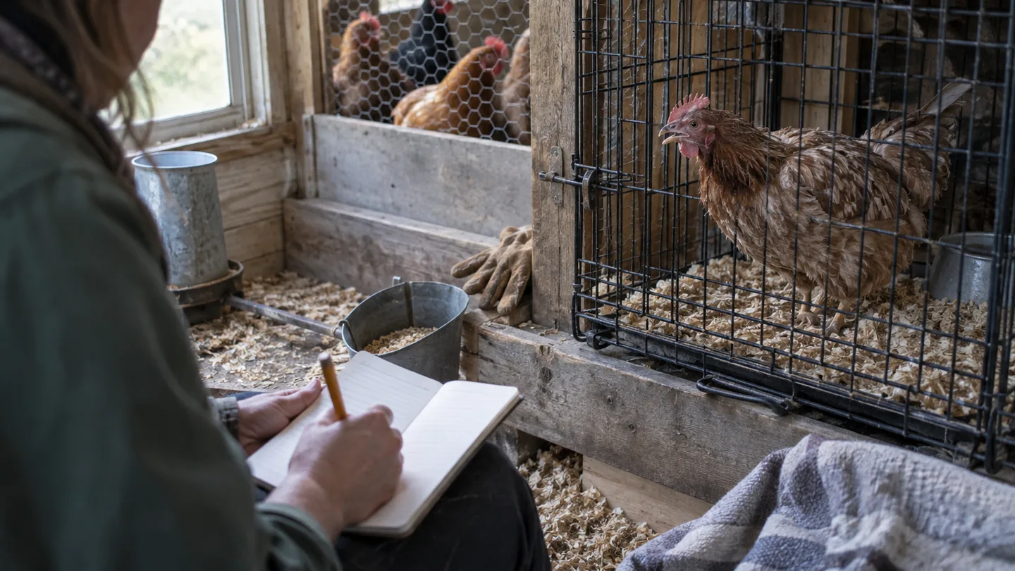 A keeper notes a hen’s breathing while the bird rests in a separate crate away from the flock.