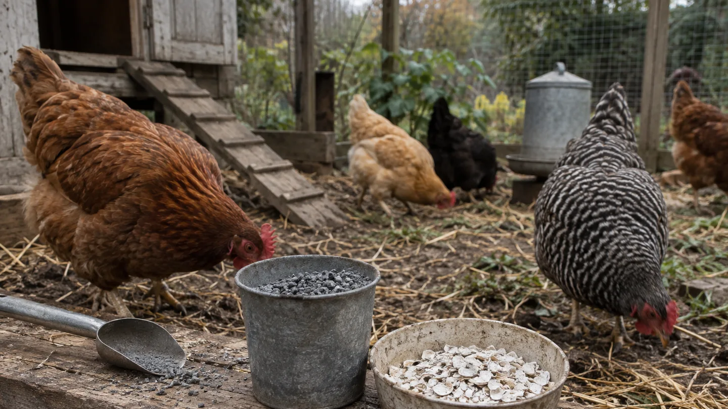 Separate containers of coarse grit and crushed shell sit beside hens in a small backyard run.