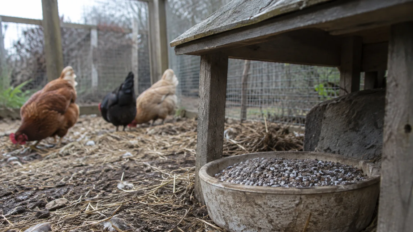 A shallow dish of dry grit sits under a small shelter inside a backyard chicken run.