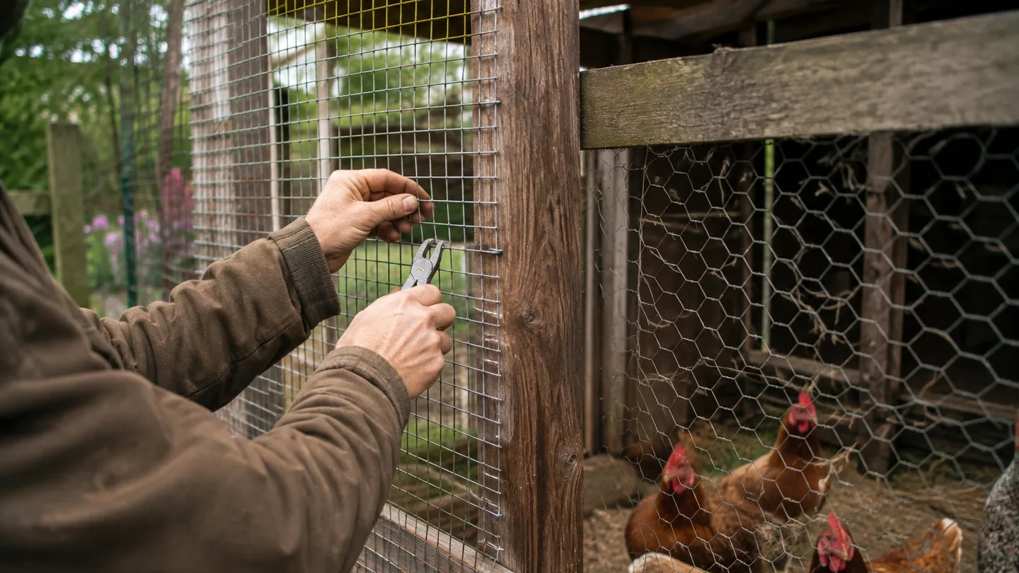 A keeper fastens sturdy square mesh beside a lighter fence as hens shelter inside the run.