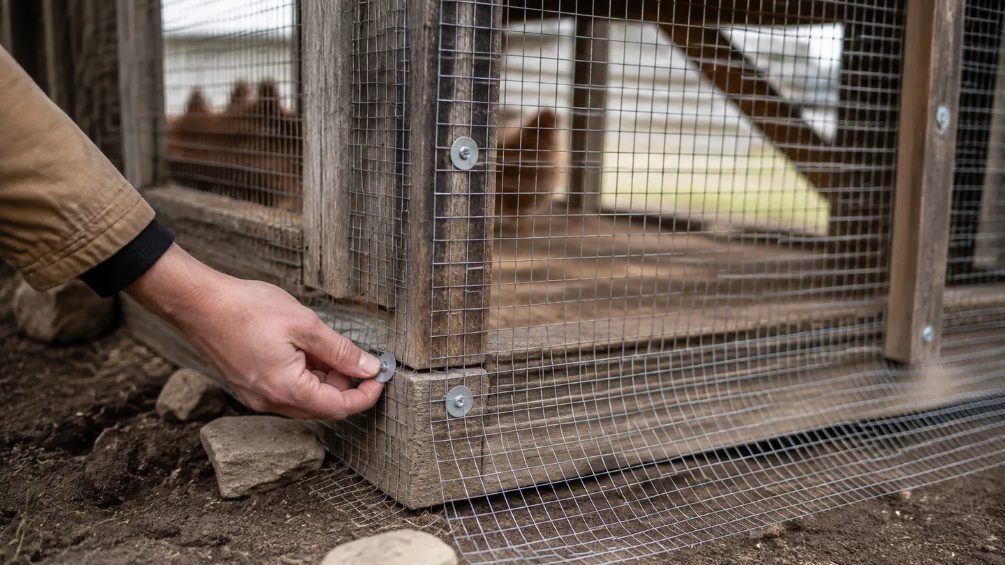 Hardware cloth is fastened to a timber frame and folded outward across the soil to deter digging predators.