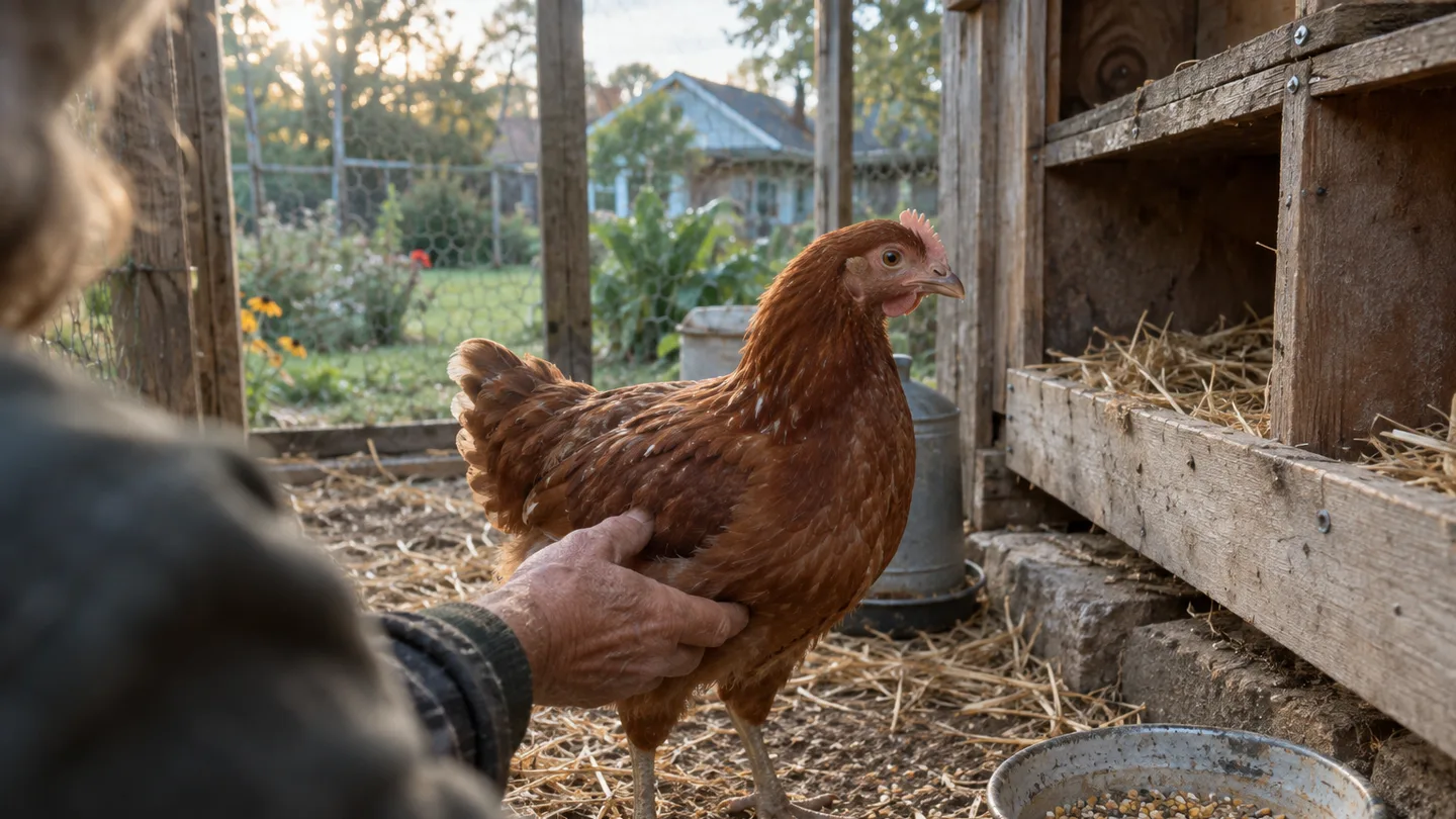 A young chicken stands beside nest boxes while a keeper gently checks features used to distinguish hens from roosters.
