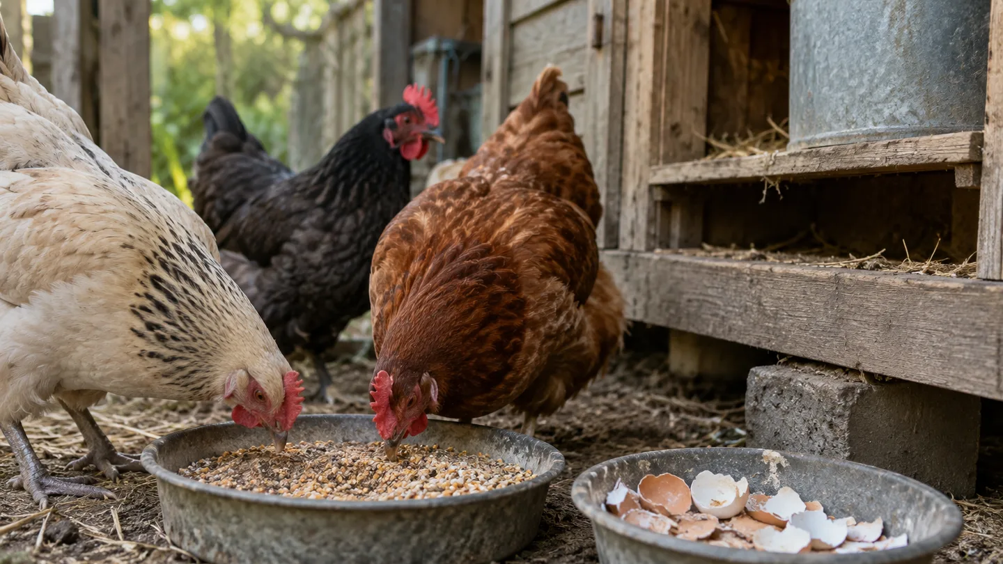 Hens eat grain beside a separate dish of crushed eggshells, showing calcium as part of feed care.