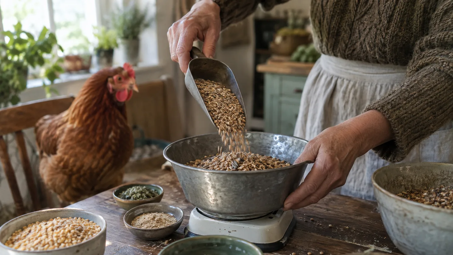 Hands weigh grains for a small chicken-feed batch while a hen waits beside the table.