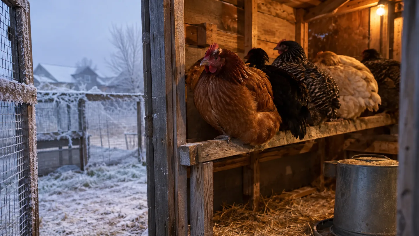 Healthy hens roost inside a dry coop while frost covers the wire run outside.