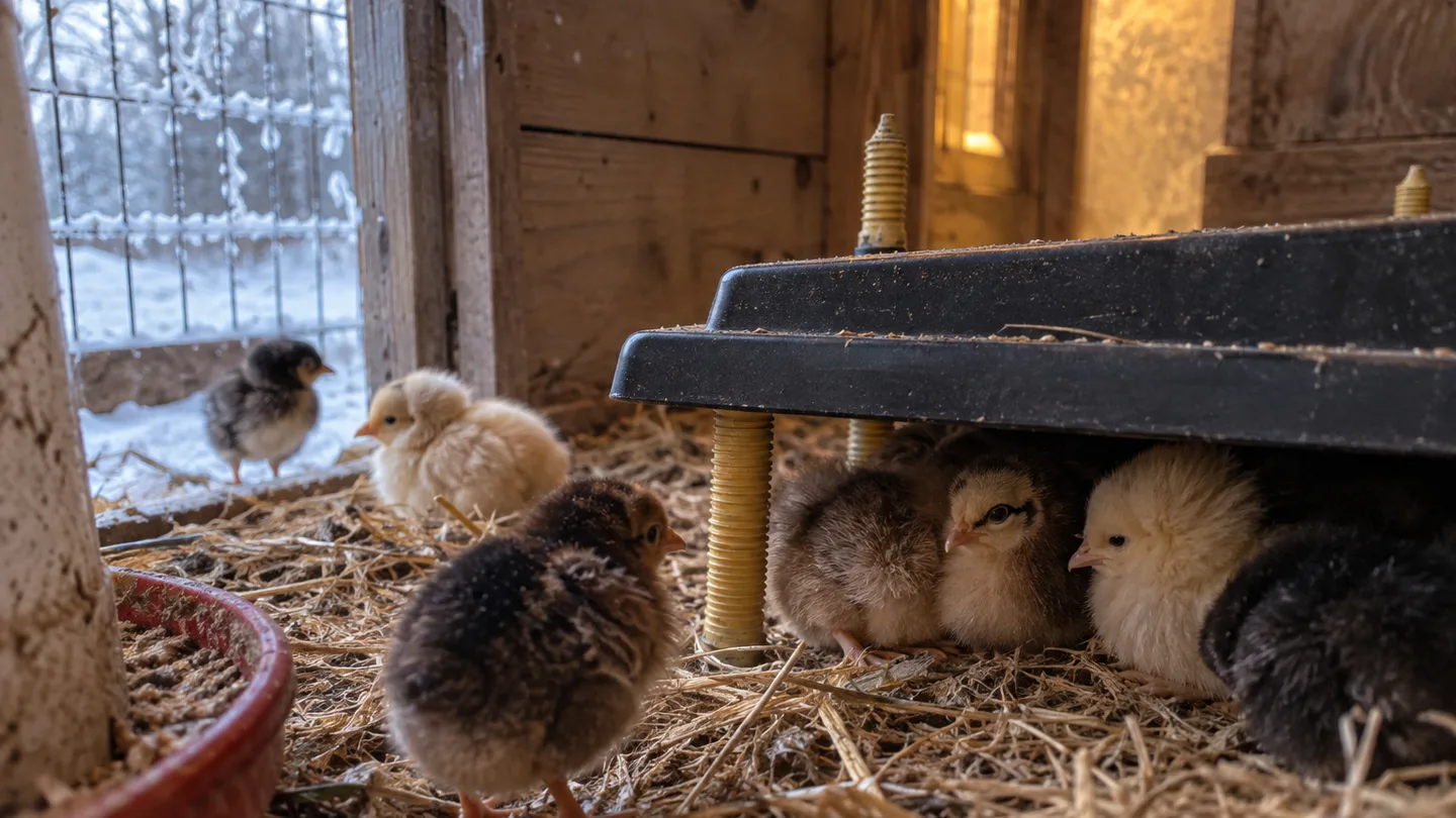 Young chicks gather beneath a heat plate while others rest farther away in the straw.