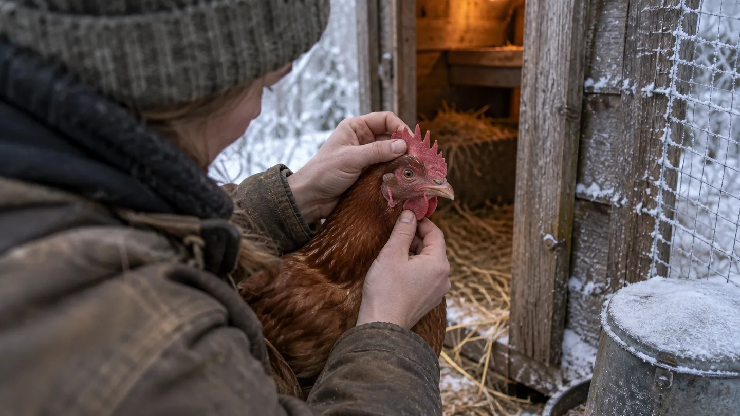 A keeper examines a hen’s comb beside the frosty coop after a freezing night.