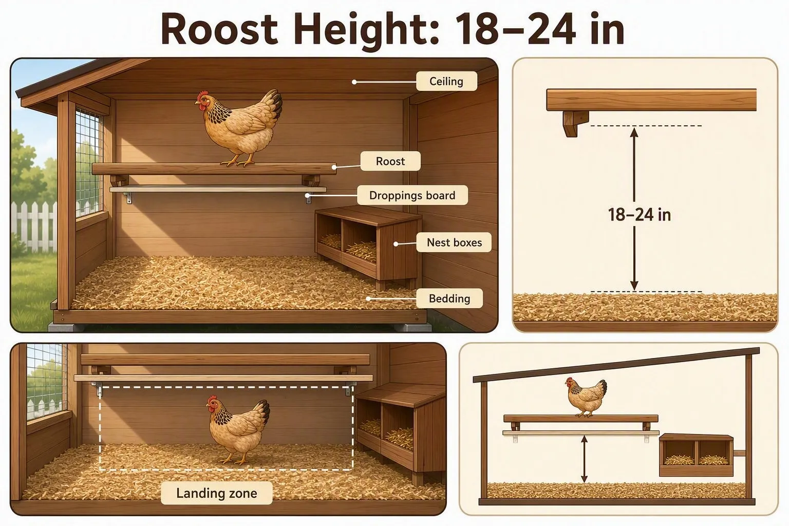 Side-view coop diagram shows an 18–24 inch roost above bedding, with nest boxes and a clear landing zone.
