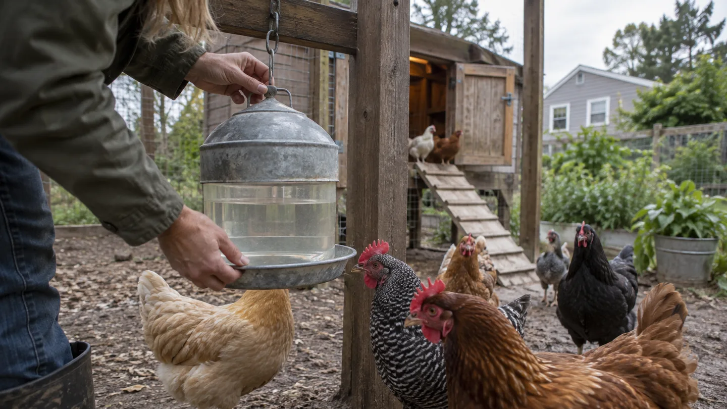 A backyard flock gathers around a clean hanging drinker while a person checks the water level.