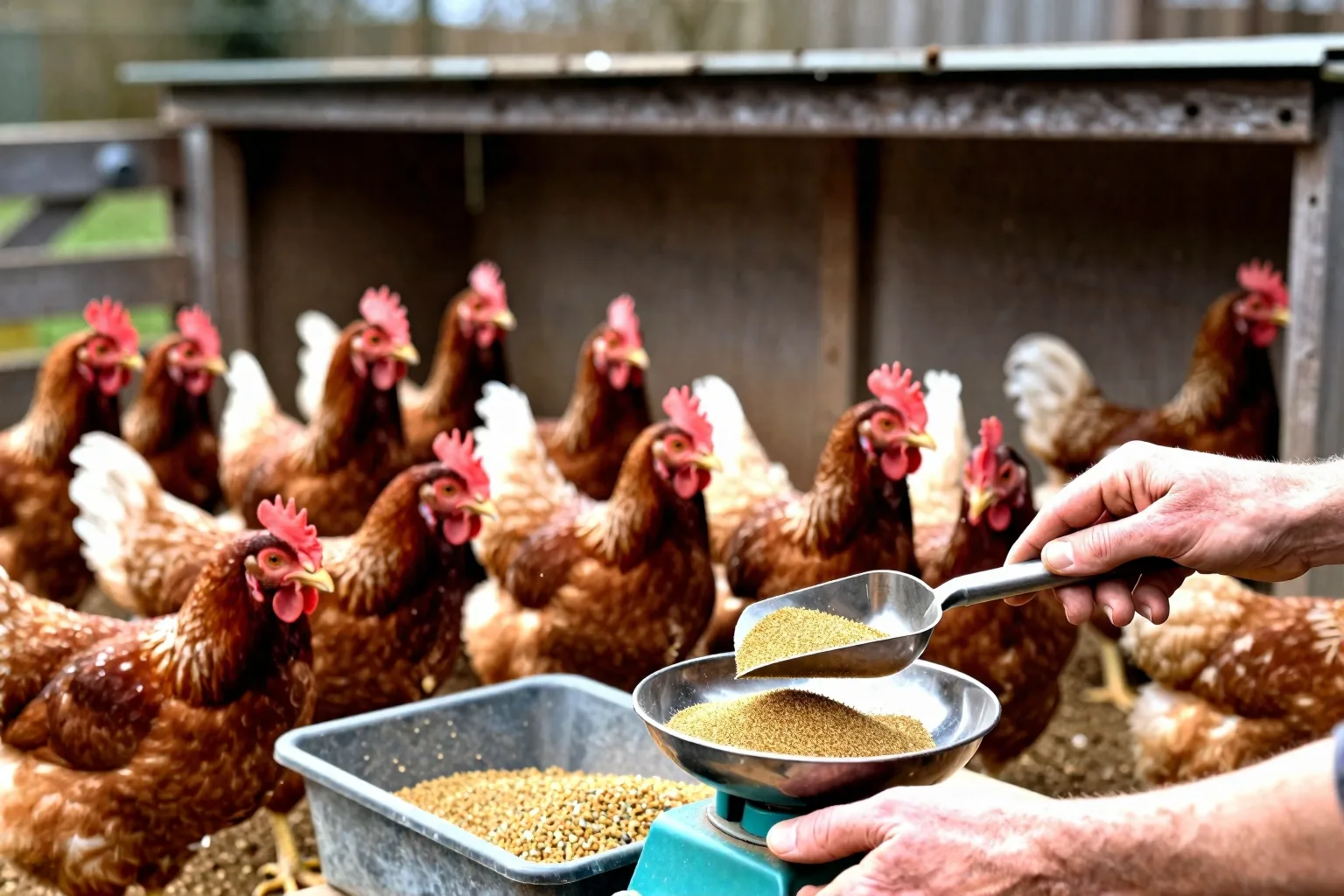 A backyard keeper weighs feed beside an empty feeder while twenty hens gather nearby.