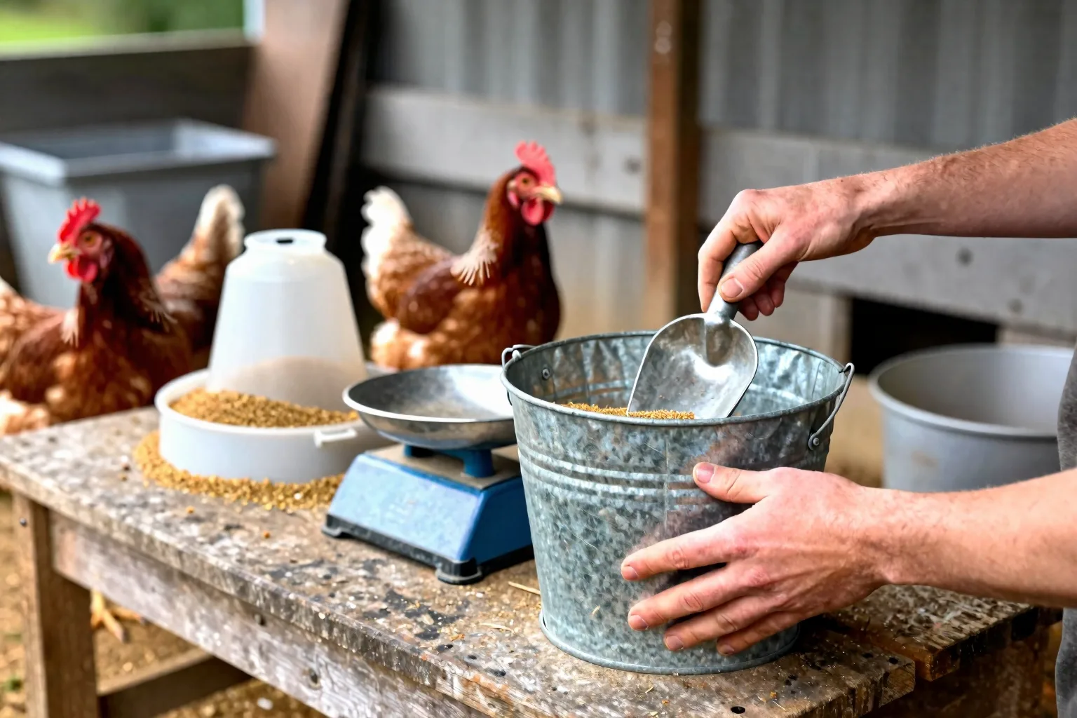 A keeper weighs a bucket of feed beside two chicken feeders in the coop run.