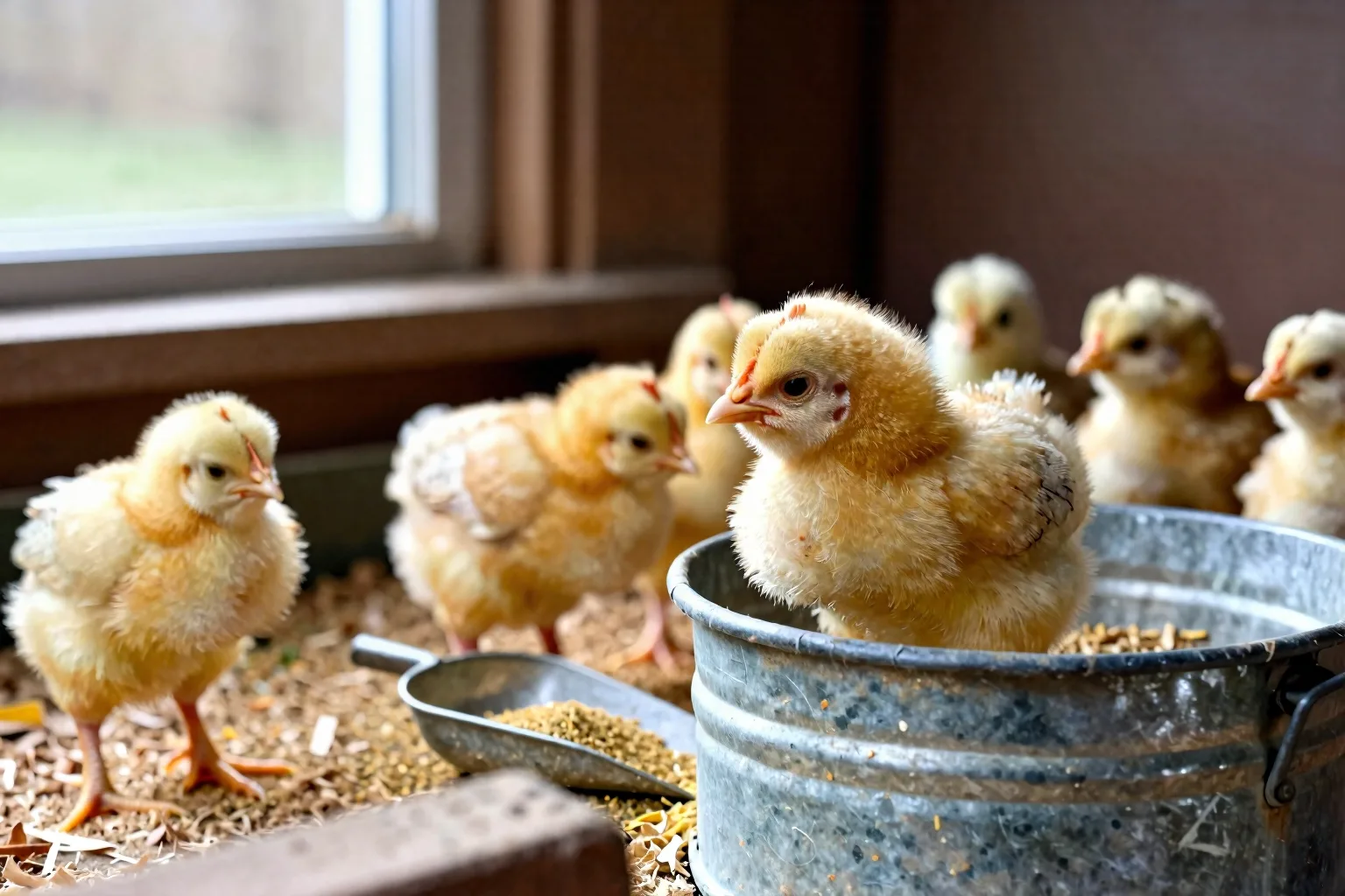 Growing chicks gather at an accessible feeder in a small backyard brooder with fresh bedding and measured starter nearby.