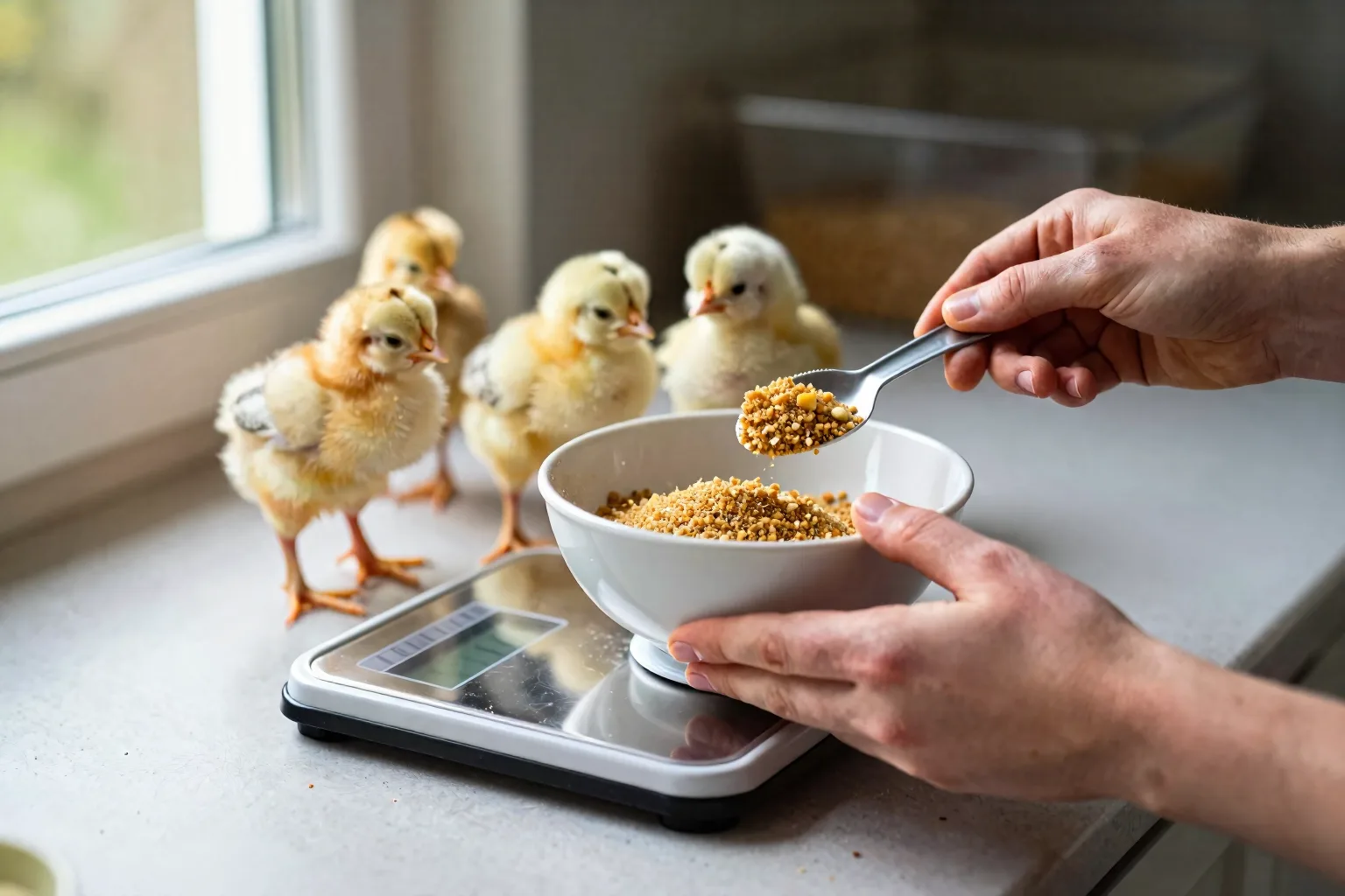 A kitchen scale weighs a scoop of chick feed beside the brooder for accurate portions.