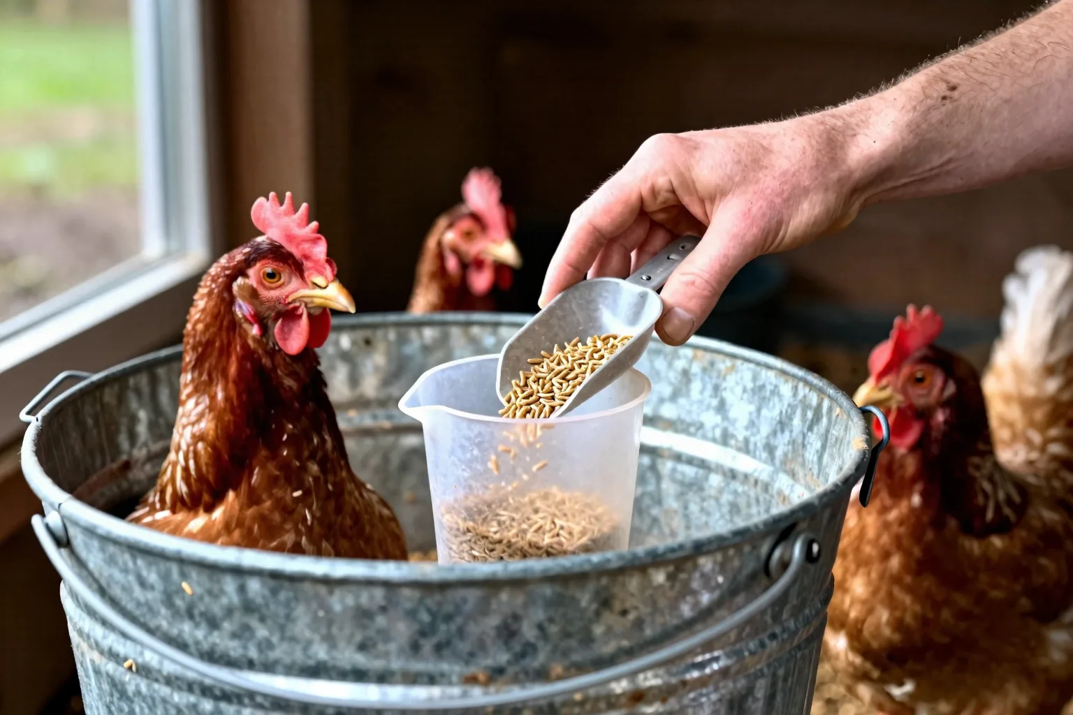 A hand measures grain beside a bucket and feeder to compare a small flock’s daily supply.