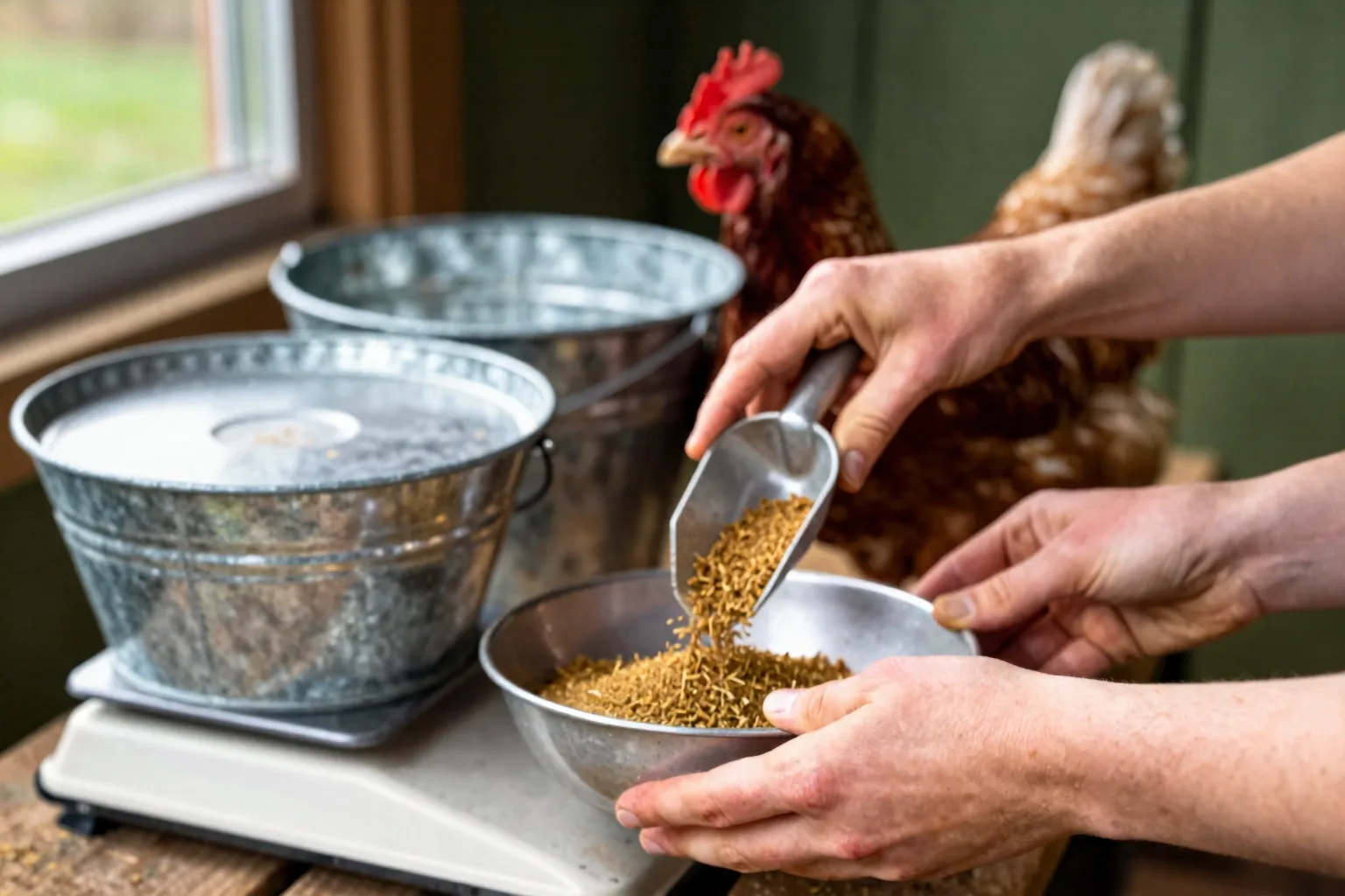 Hands weigh chicken feed beside a covered feeder during a flock audit.