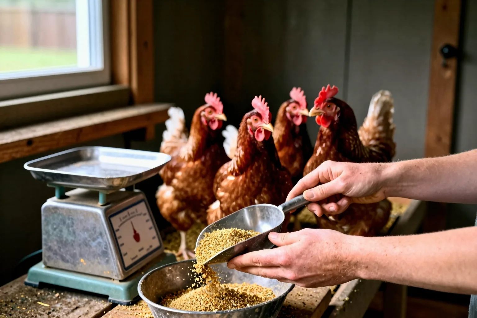 A scoop of feed sits on a kitchen scale while six hens wait nearby, showing the flock’s daily starting portion.