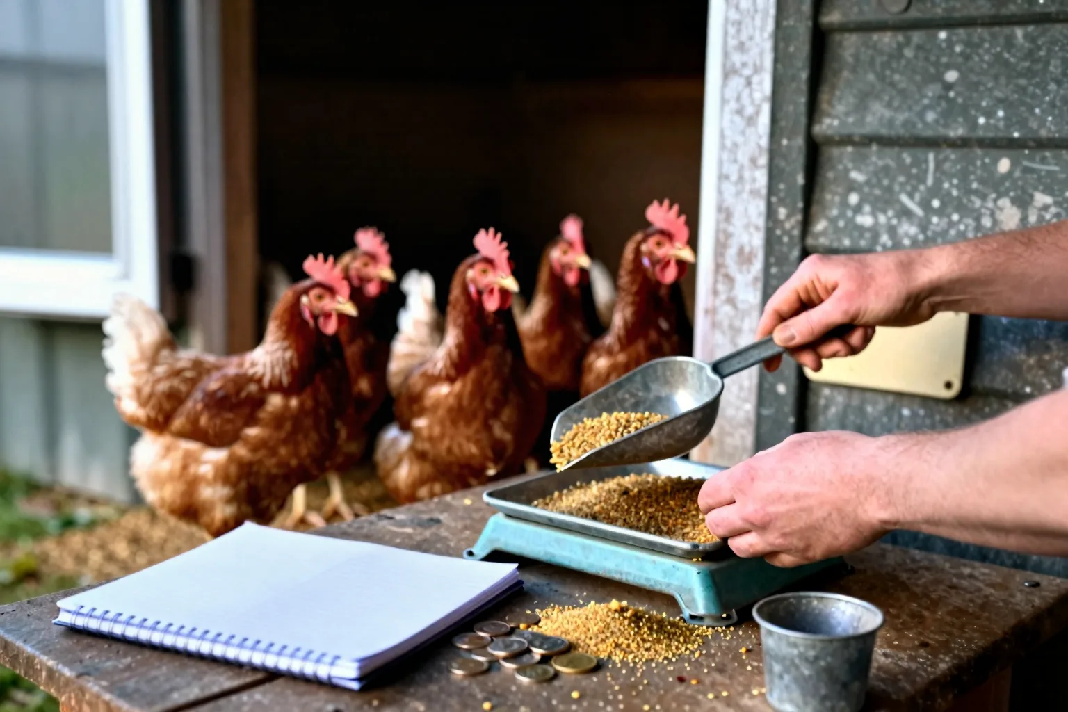 A keeper weighs chicken feed beside hens, with coins, a notebook, and a waste pail nearby for tracking daily costs.