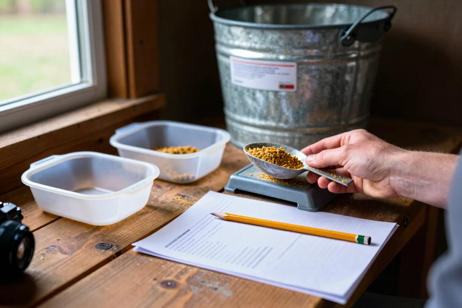 A hand weighs a scoop of chicken feed beside a blank worksheet, showing the portion used for daily and monthly calculations.
