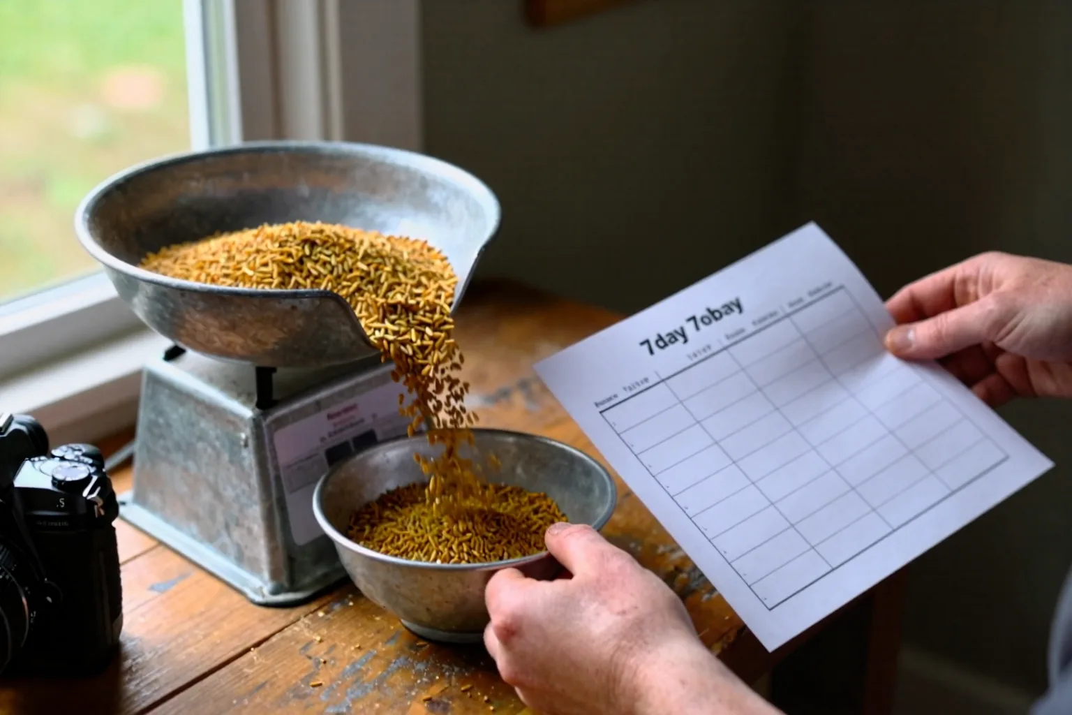 A hand weighs chicken feed beside a blank seven-day tally sheet at the coop.
