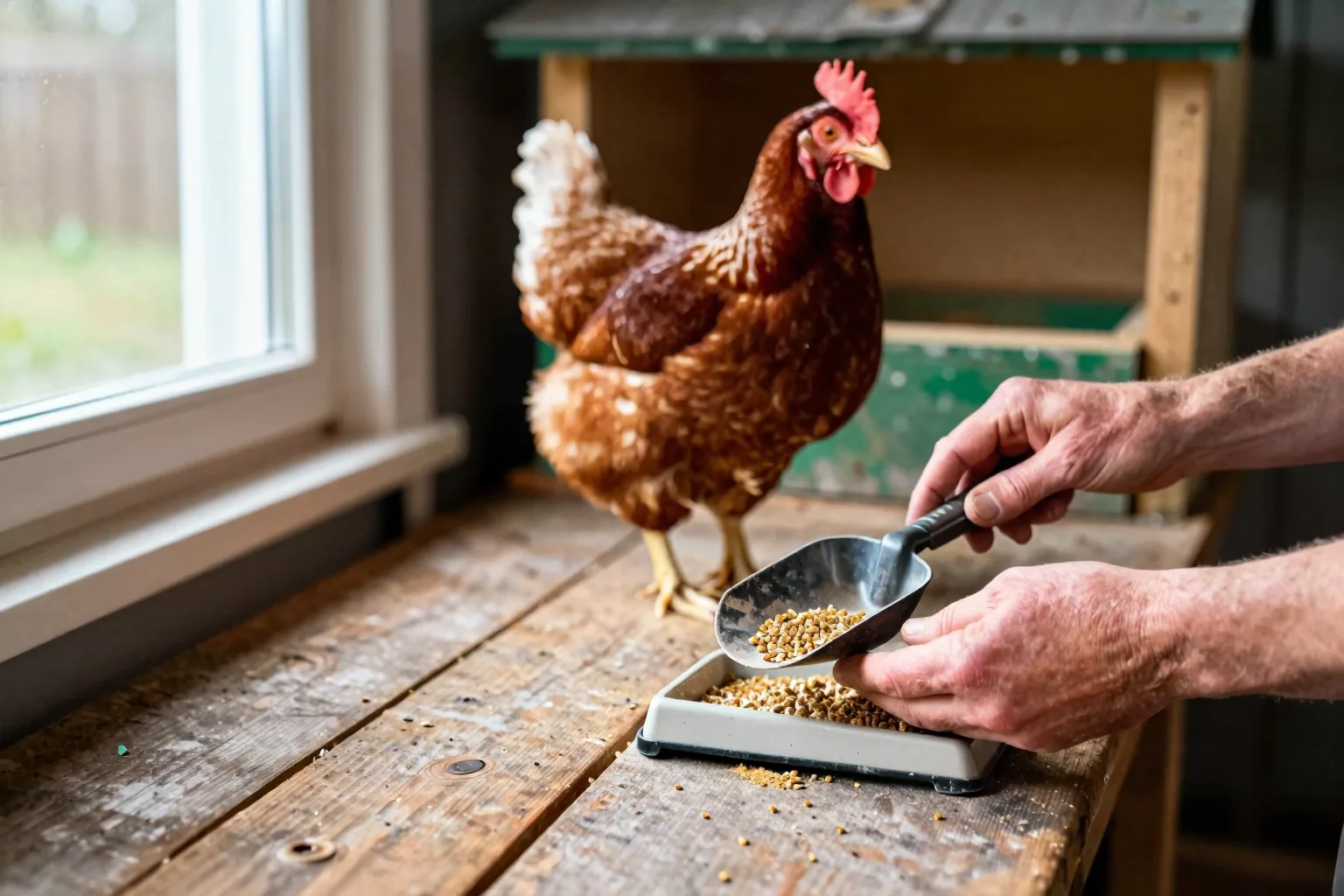 A backyard keeper weighs a scoop of layer feed beside a hen’s coop before feeding.