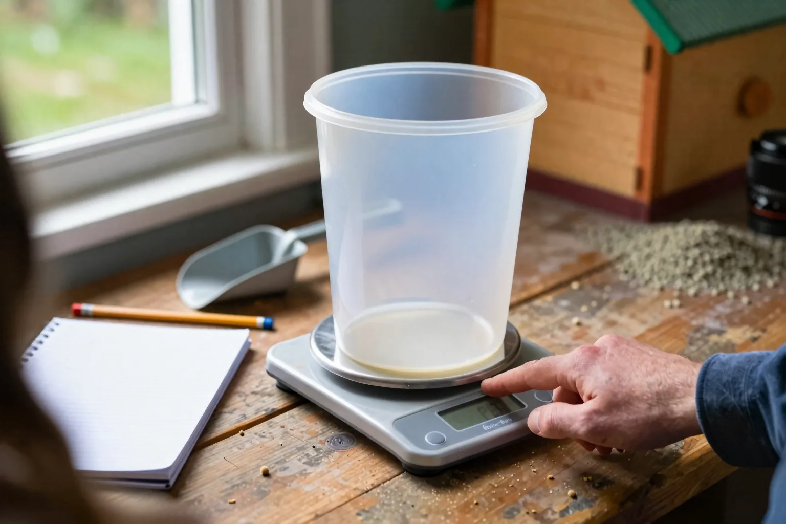 A hand presses a scale with an empty feed container beside a notebook, scoop, and feeder.