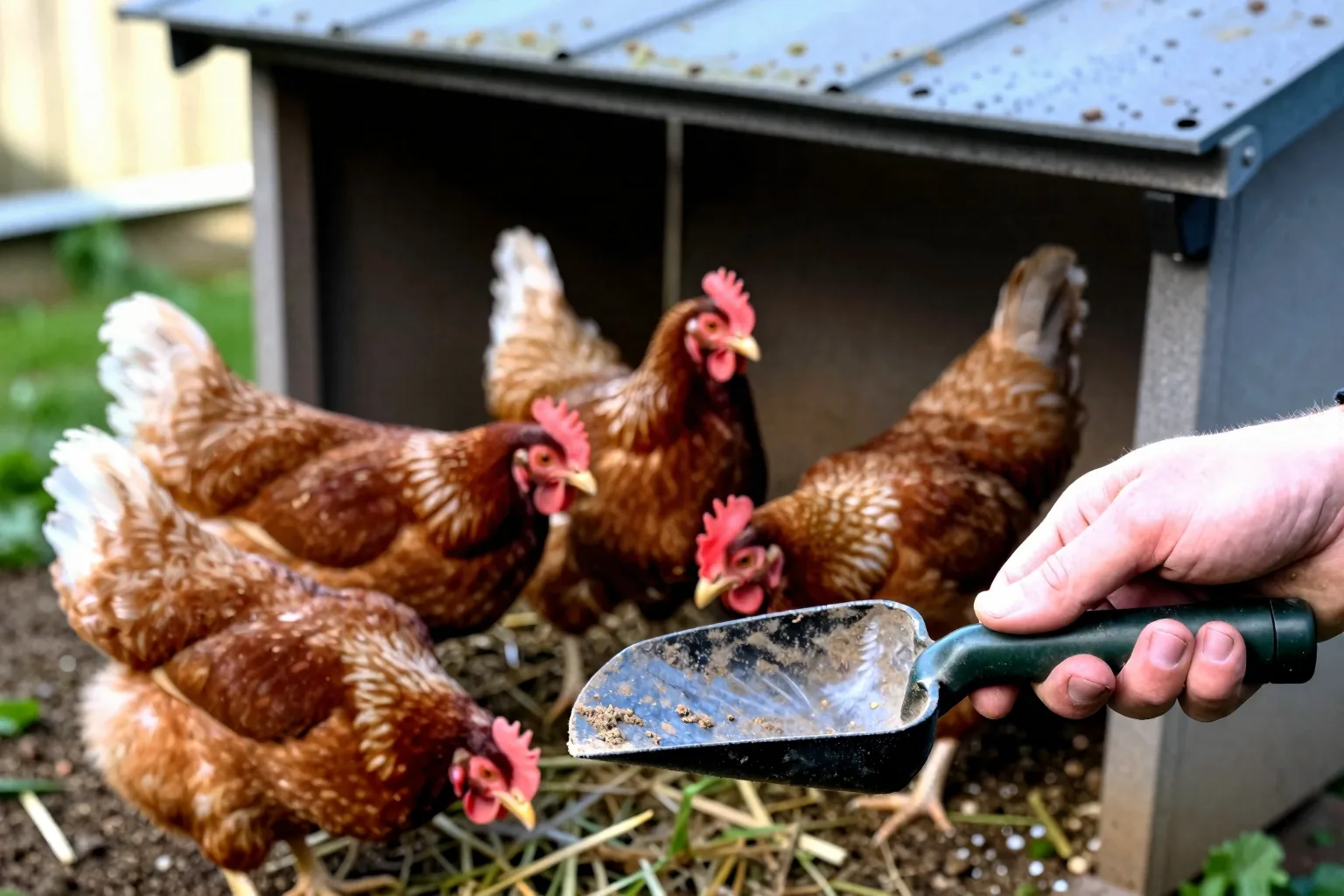 Hens gather at a shaded feeder in a backyard run with scattered forage and damp ground.