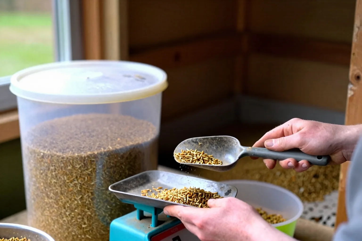 A scoop of feed rests over a scale beside a sealed storage bin near the backyard coop.