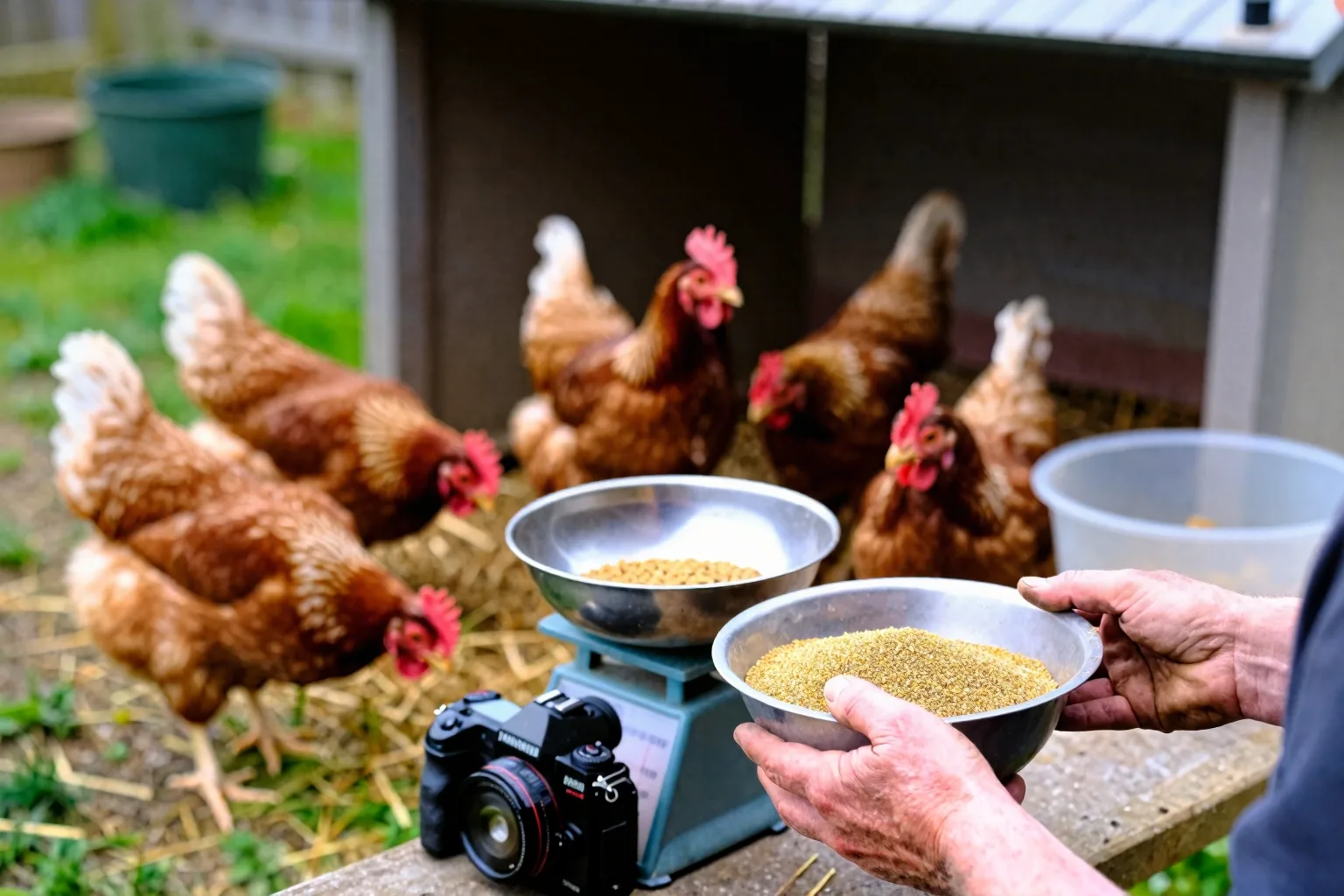 A keeper weighs complete feed as free-ranging hens forage beside the backyard coop.