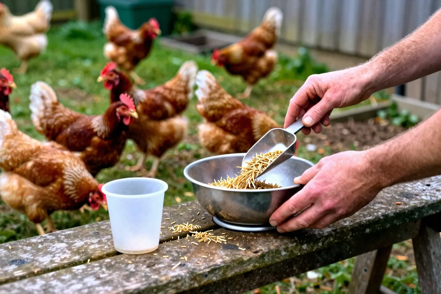 A keeper measures feed in a bowl on a scale beside the coop while chickens forage nearby.