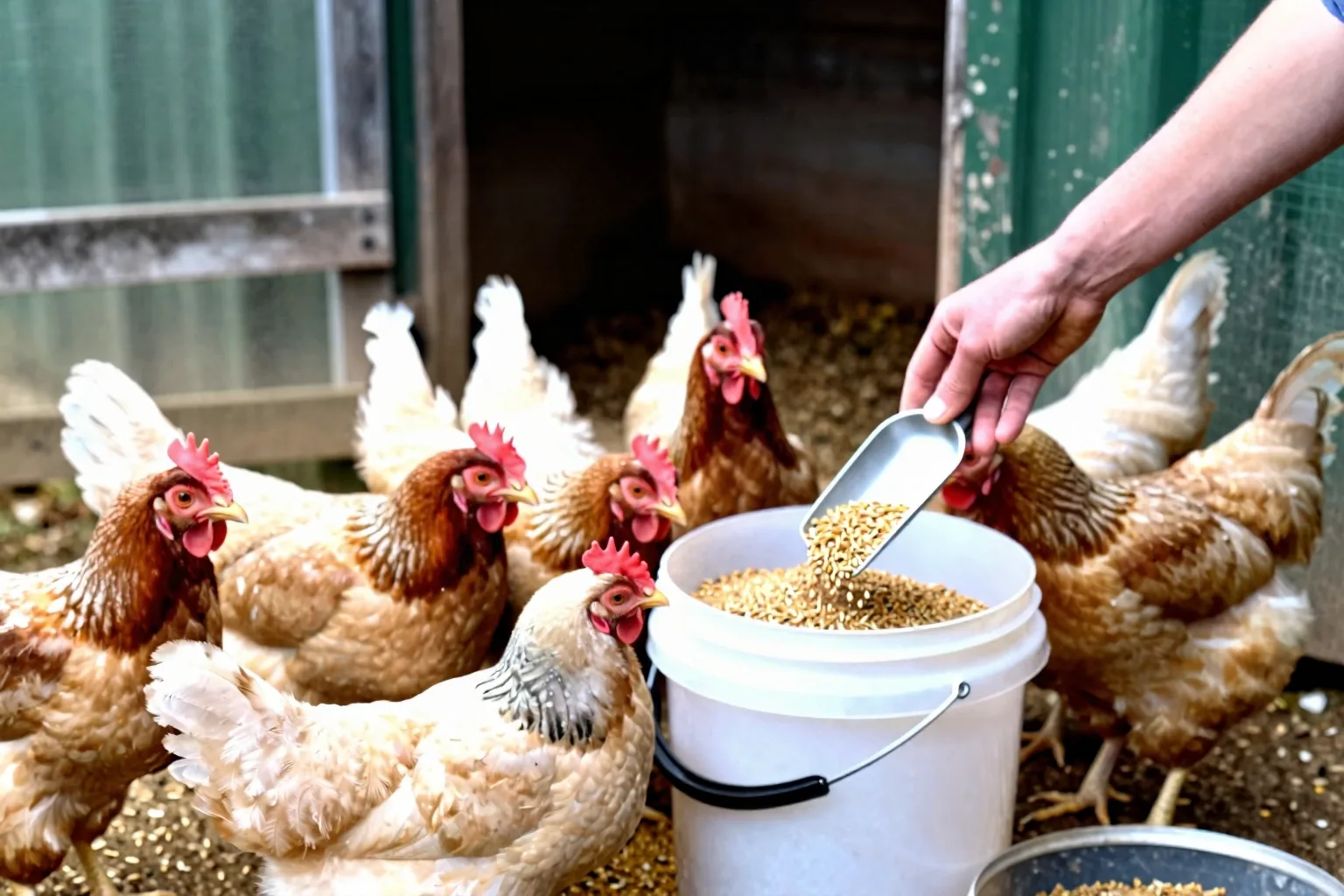 Six hens gather while a scoop portions soaked grain beside a white bucket in the backyard run.