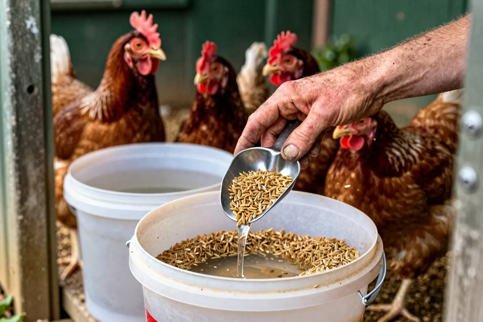 A hand weighs dry feed in a scoop beside water and hens before the feed is soaked.