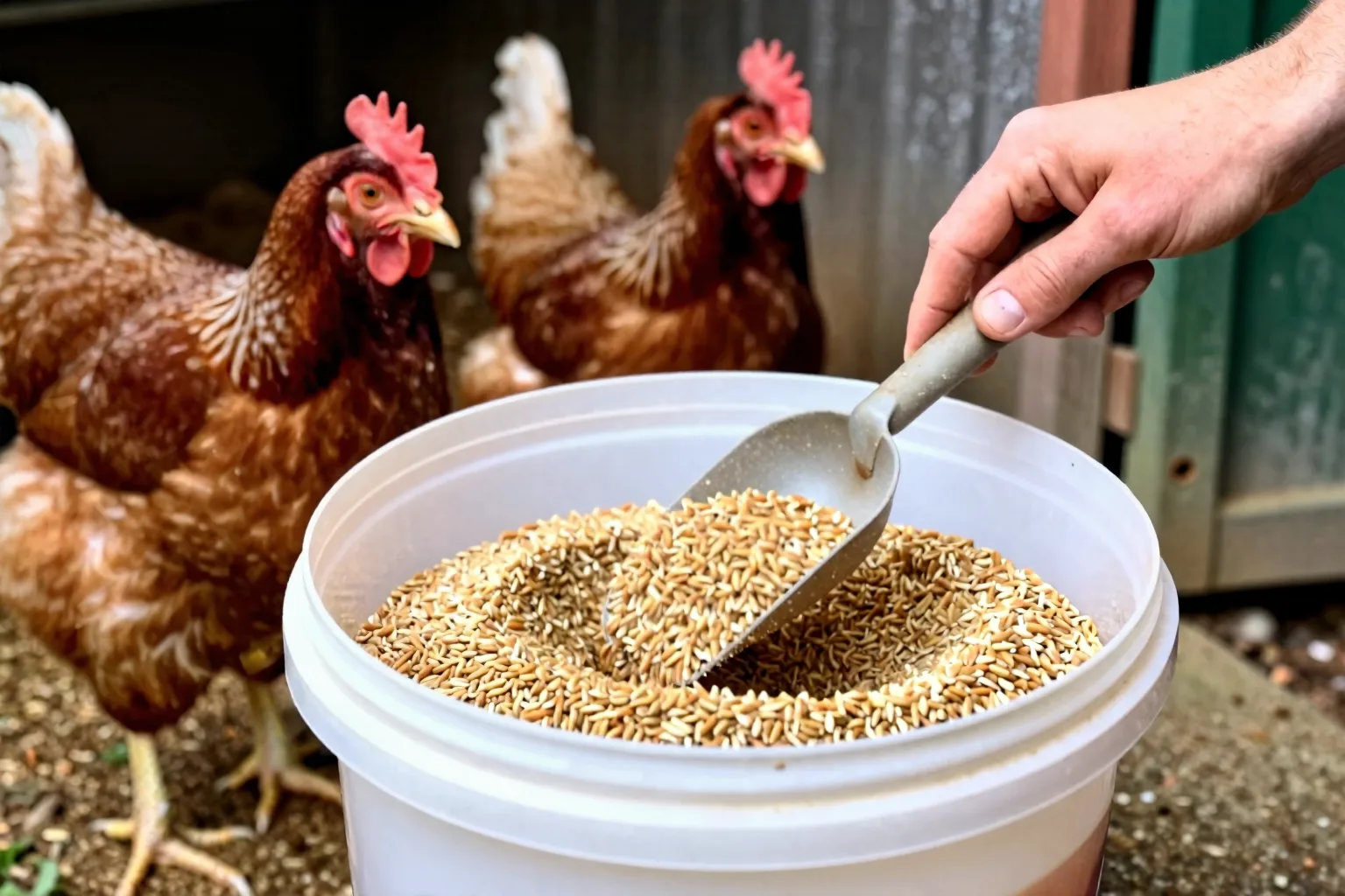 A hand stirs softened grains in a clean bucket while three hens wait nearby for their portion.