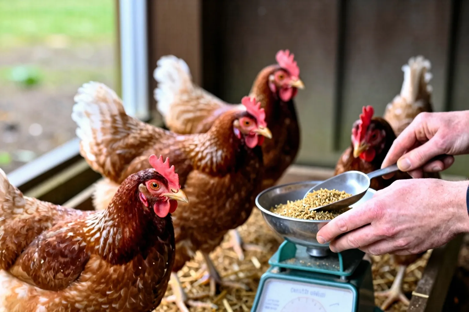 A small flock gathers beside a feeder while a portion of layer feed is weighed on a kitchen scale.