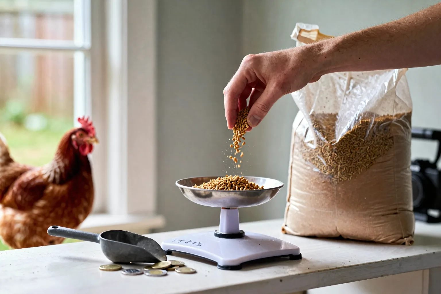 A hand weighs one hen’s feed beside a plain sack and coins, linking the portion to household costs.