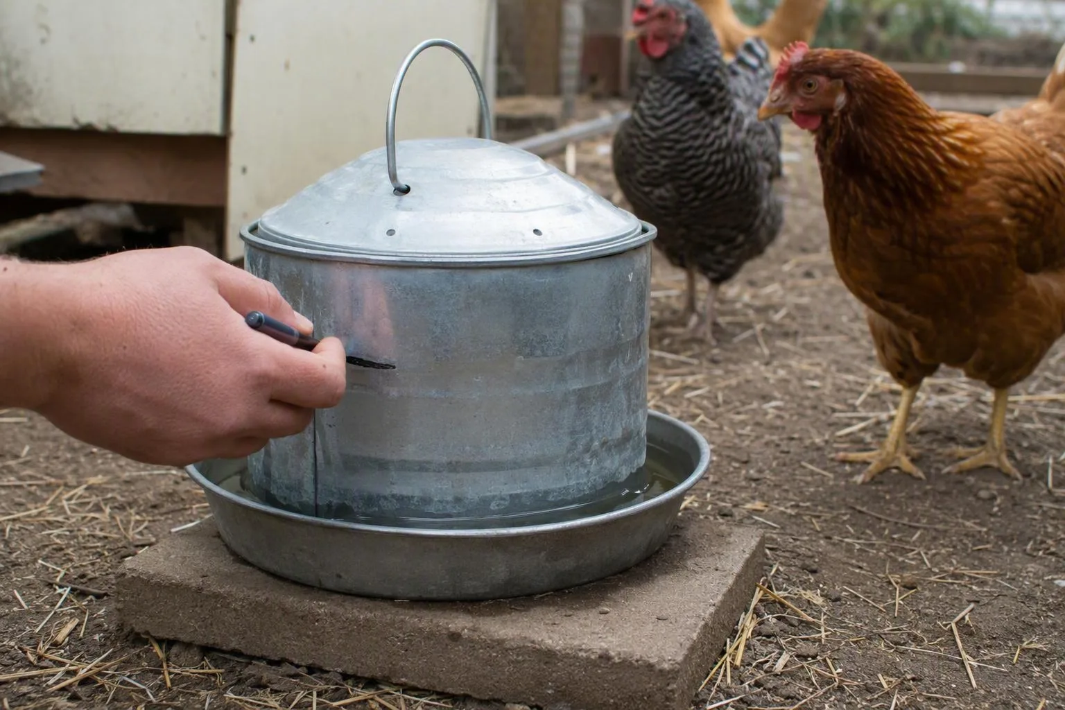 A hand marks the water level on a shaded drinker set apart from hens and loose litter.