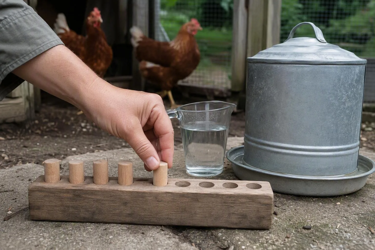 A hand uses a measuring jug and wooden markers to track a chicken waterer refill for daily use.