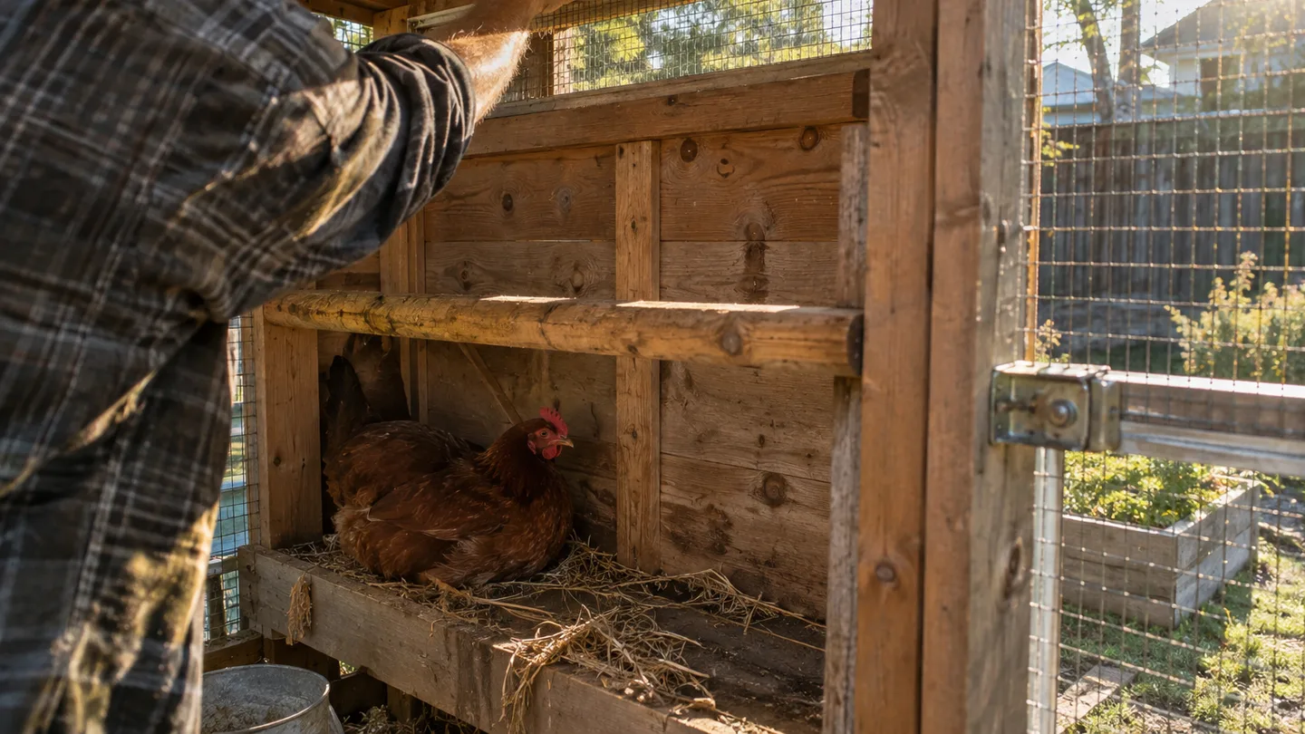 A hand checks a high coop vent above a hen resting on its wooden roost.