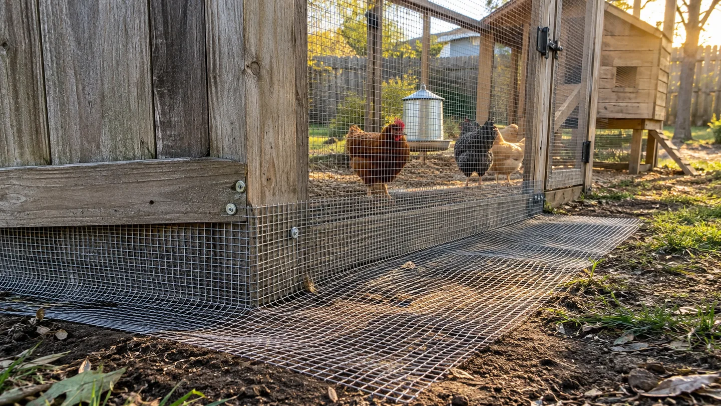 Hardware cloth is fastened around a run fence corner and laid outward across the ground to deter digging predators.