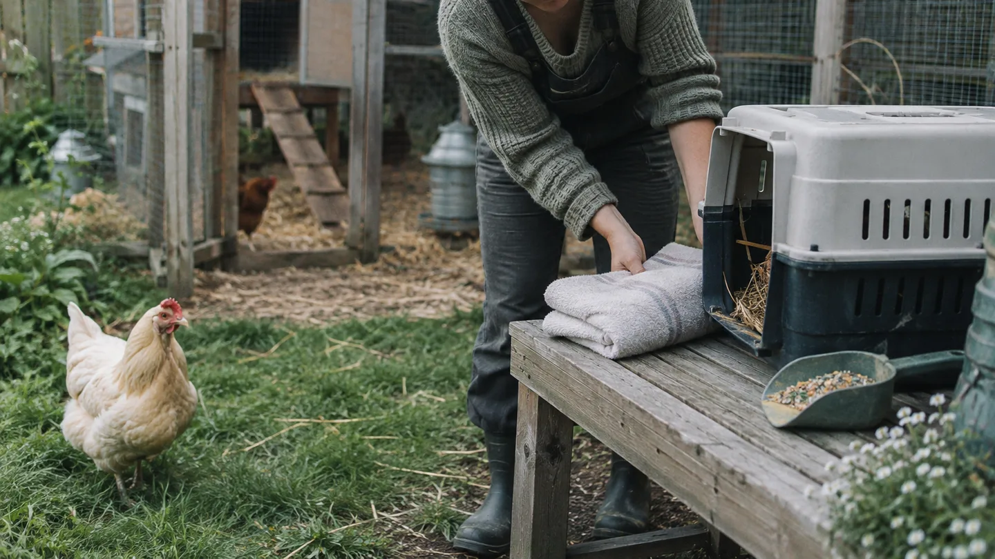 A keeper lays out a crate and towel beside the coop before calmly catching a hen.