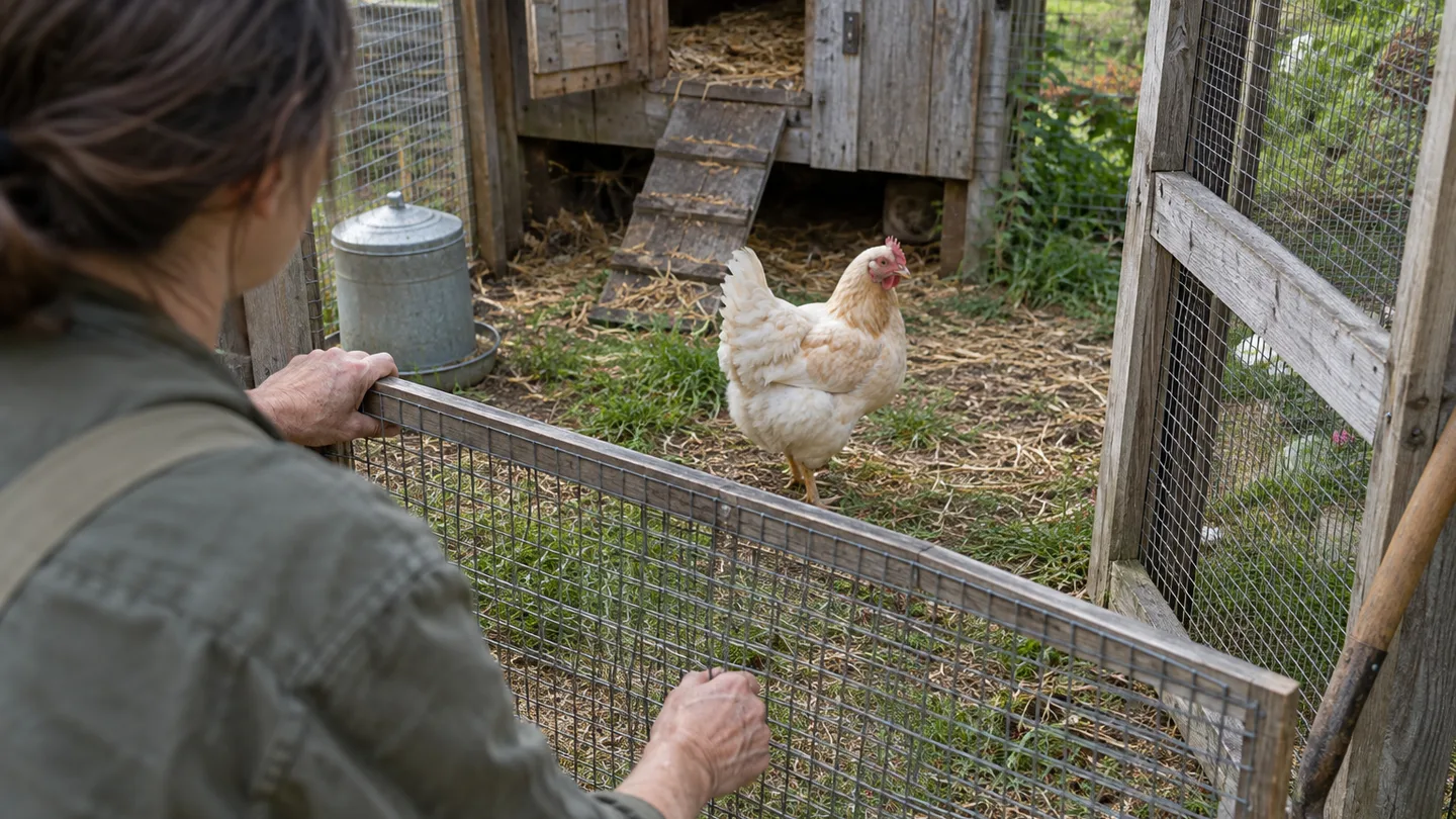 A hen stands calmly behind a temporary wire panel that creates a small space for safe handling.