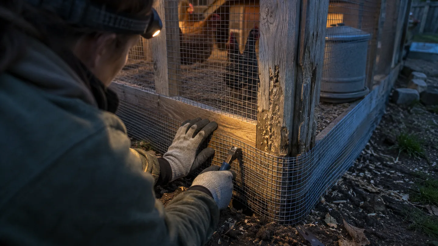 A hand fastens welded mesh along the chicken run’s base, closing a gap rats could use to get inside.