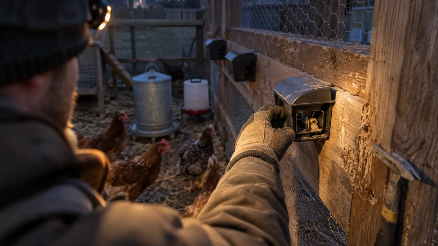 Three enclosed traps line a coop wall above the hens’ reach, showing a safer placement for pest control.