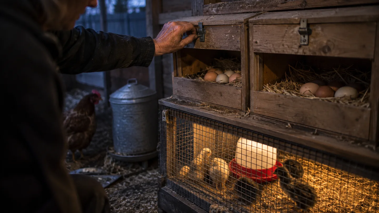 A wire-covered brooder and latched nest boxes protect chicks and eggs inside a worn backyard coop.