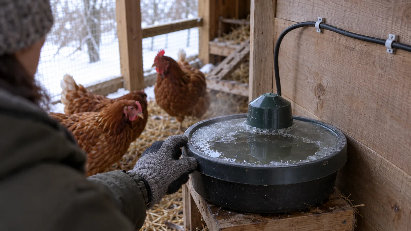 A gloved hand checks a heated waterer cord kept above the bedding for safer winter use.