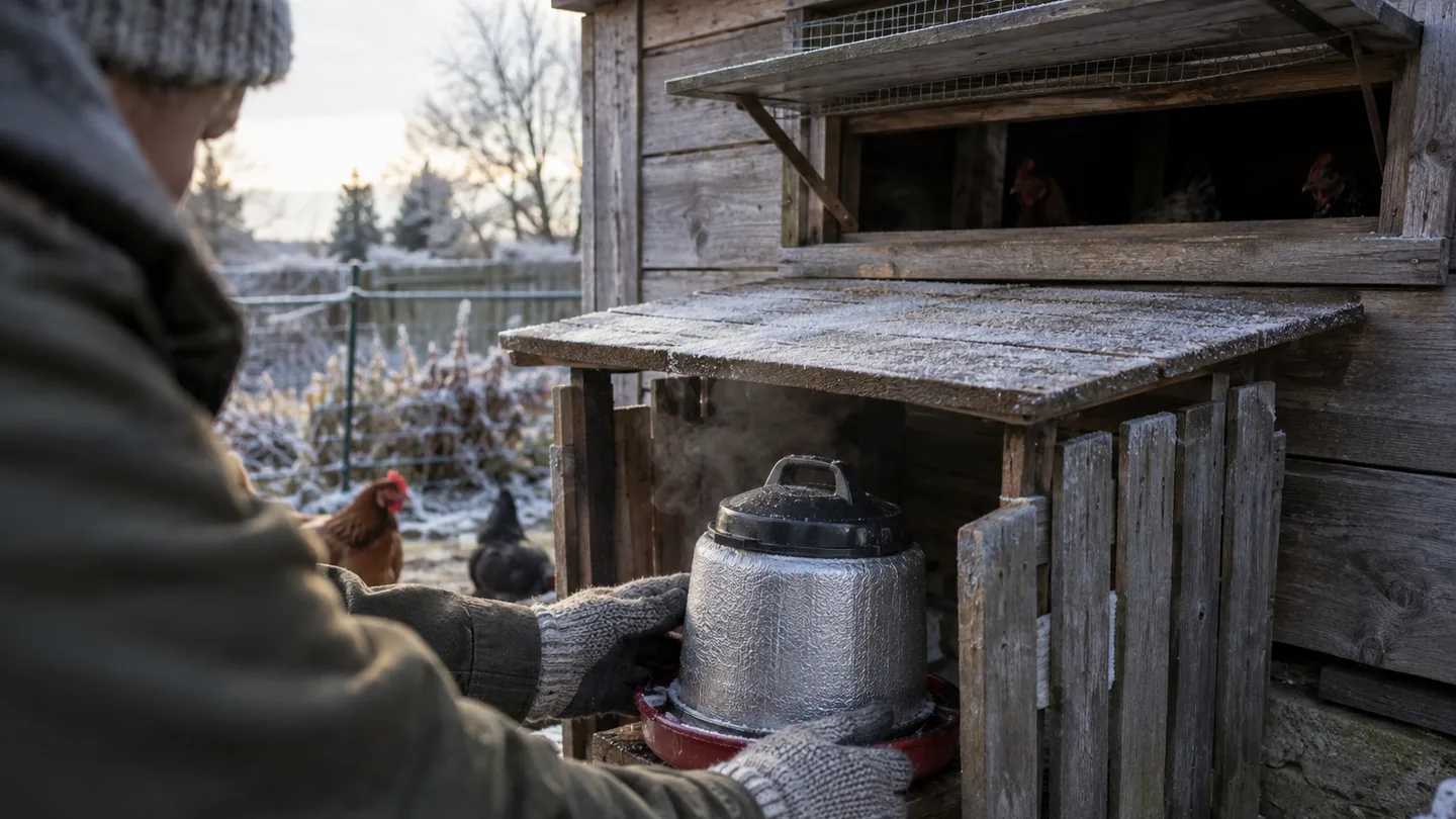 A gloved hand places an insulated waterer under a windbreak beside a coop, leaving the upper vent open for airflow.