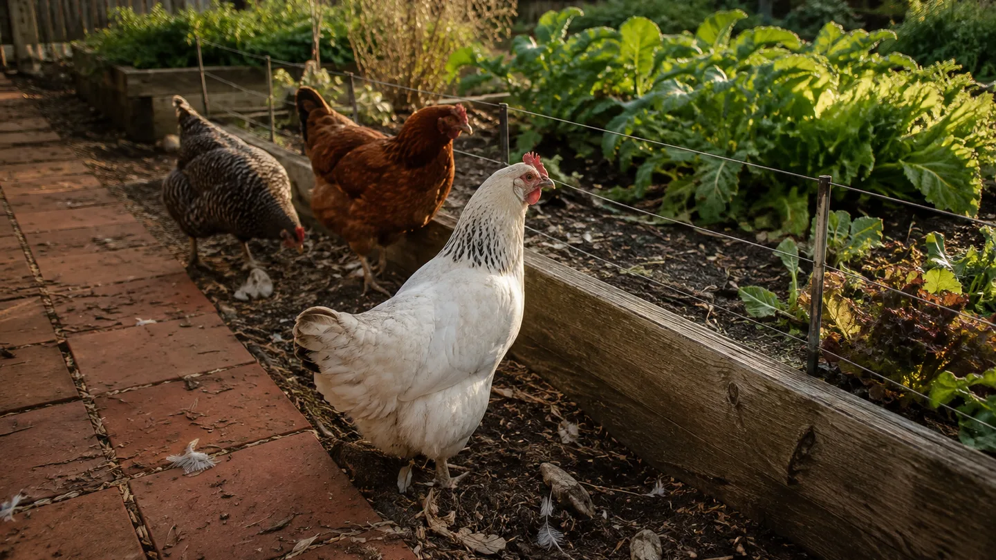 Three hens crowd the edge of a raised vegetable bed, showing why a garden boundary is needed.