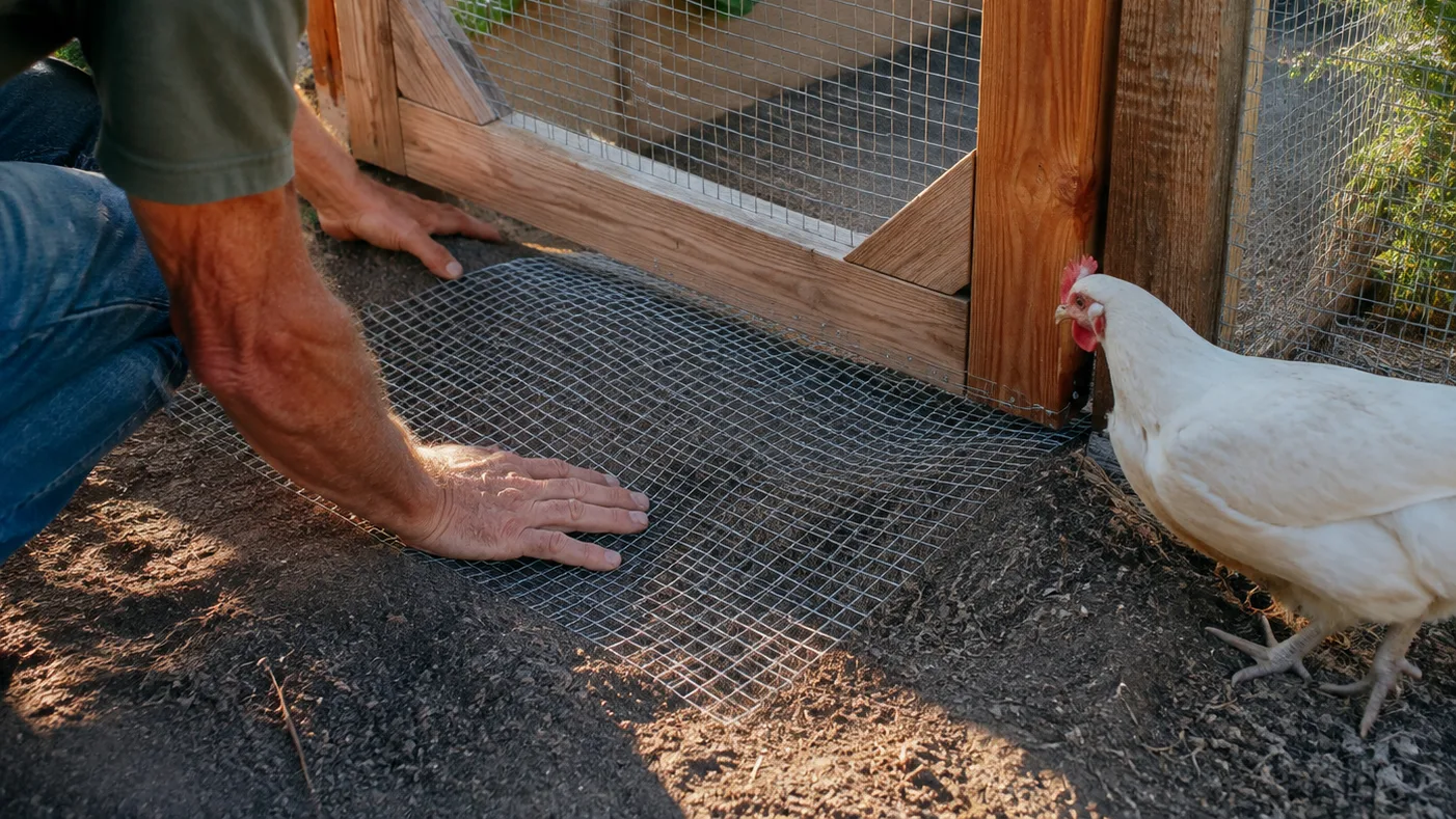 A hand checks a wire gate gap and ground apron while a hen waits outside the vegetable bed.