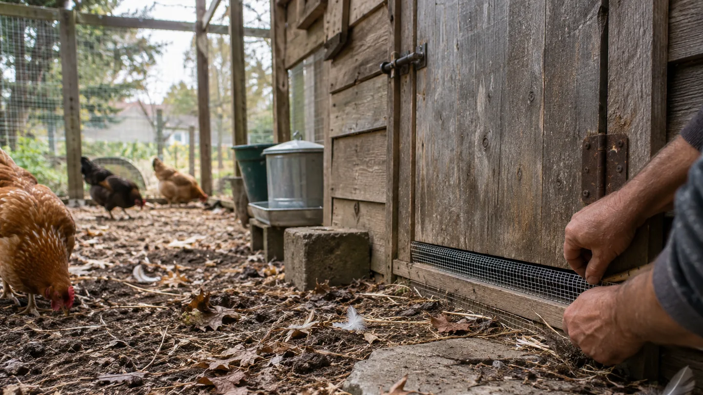 Backyard chicken coop with sealed mesh and a small gap at the base.