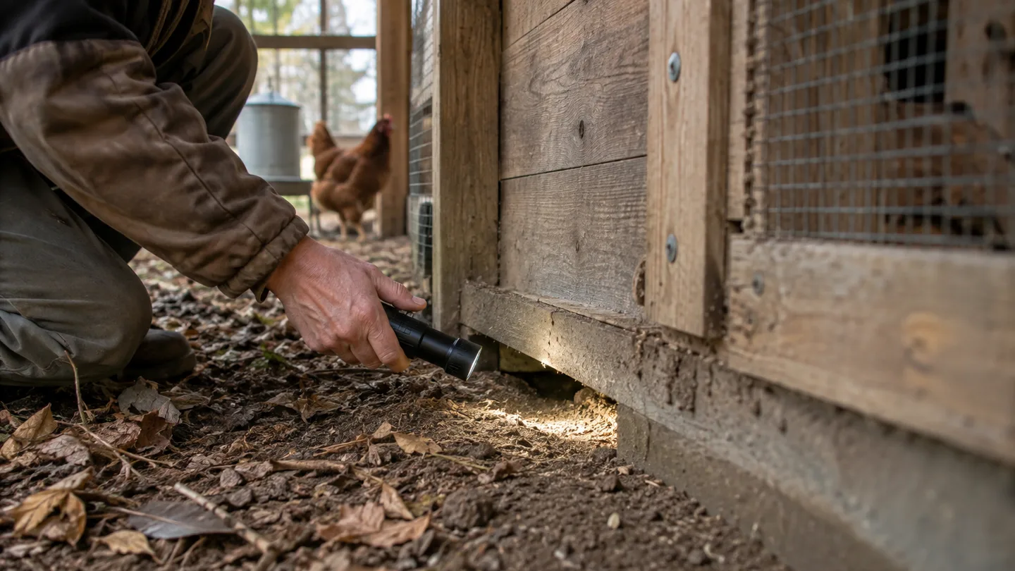 A keeper uses a flashlight to inspect the door threshold and mesh seams.