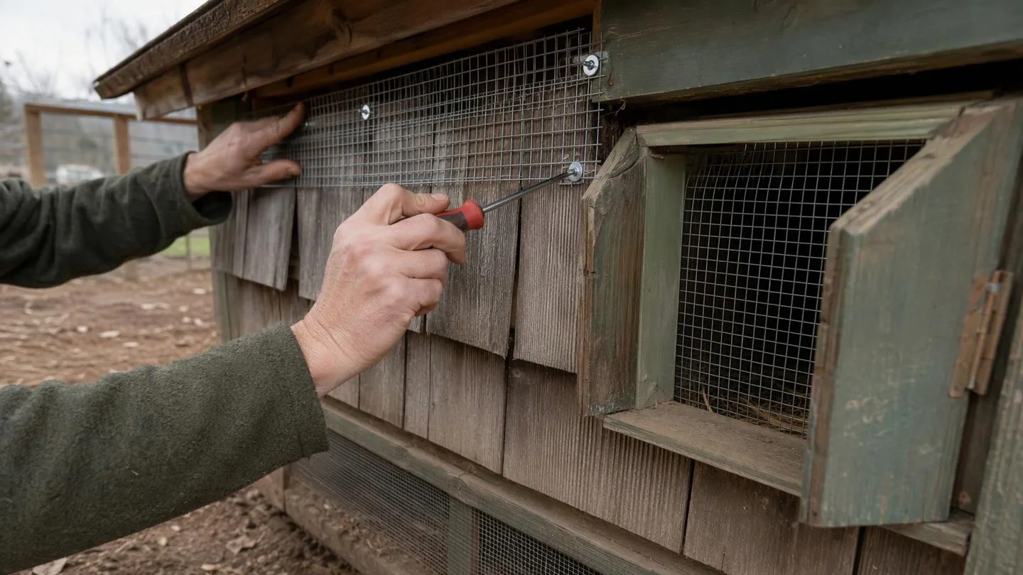 Hardware cloth extends along the ground outside a chicken run.